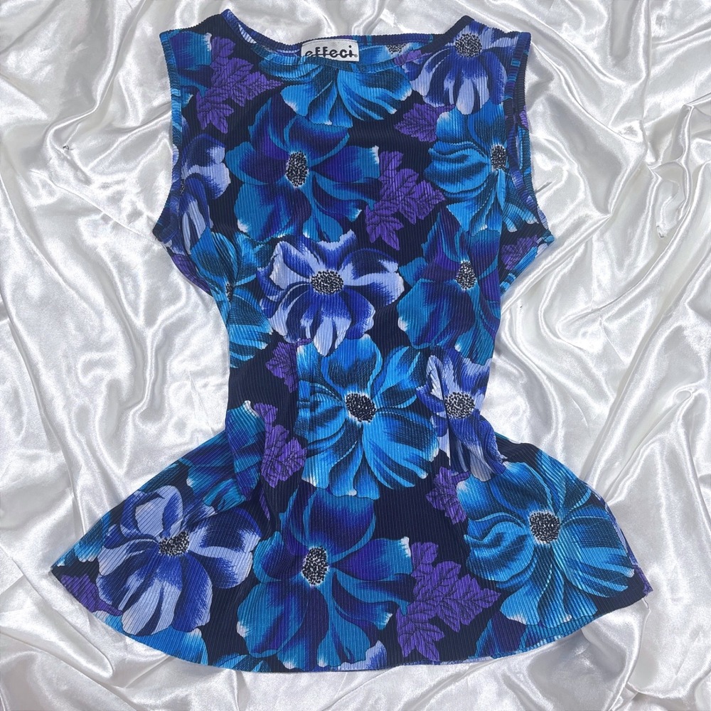 Vintage Tank Top Blue Floral Excellent Ribbed Plissé Sleeveless Effecti y2k